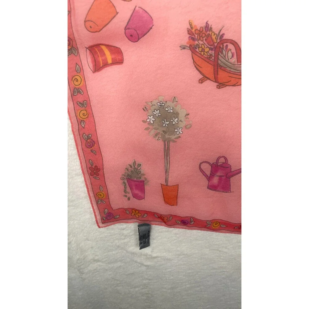 Elaine Gold Collection XIIX Square Pink Silk Scarf Garden Theme Print Korea